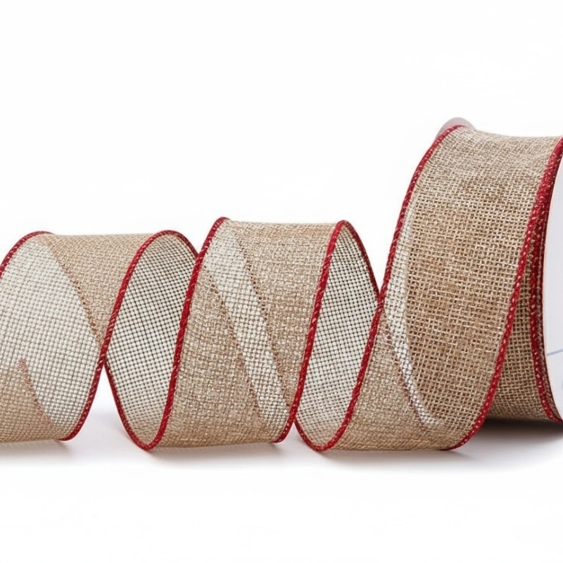 burlap ribbon with red trim